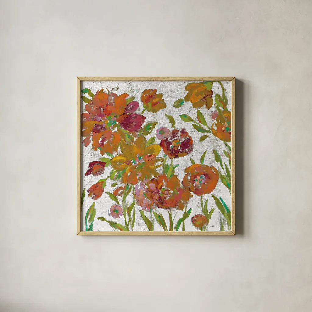 July Garden Trio III on White by Silvia Vassileva. Shown in a natural wood glass frame for a timeless modern aesthetic. Available as an archival giclee rolled canvas, fine art paper, or poster print. SKU 26413a.