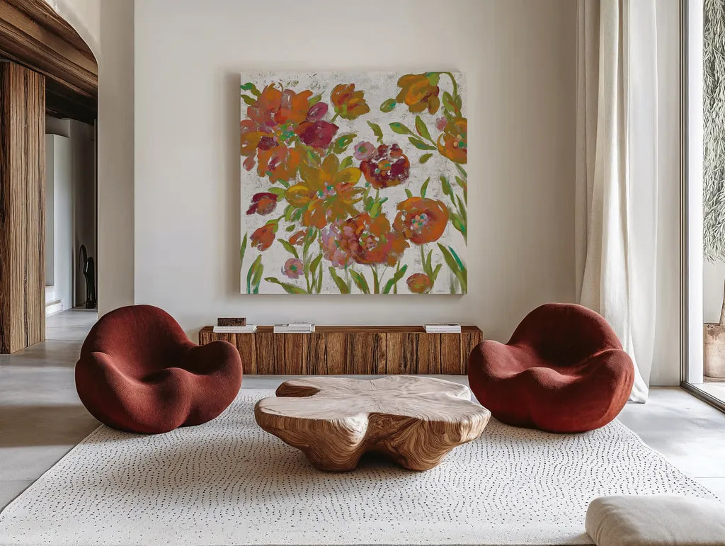 July Garden Trio III on White by Silvia Vassileva. Shown as extra-large giant wall art in a modern living room. Available as an archival giclee rolled canvas, fine art paper, or poster print. SKU 26413a.