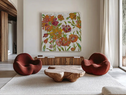July Garden Trio III on White by Silvia Vassileva. Shown as extra-large giant wall art in a modern living room. Available as an archival giclee rolled canvas, fine art paper, or poster print. SKU 26413a.