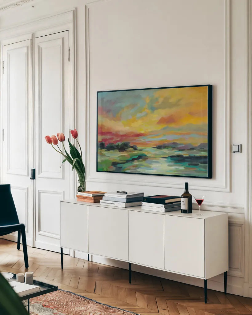 July Sunset by Silvia Vassileva. shown as a framed stretched canvas in a living room above a console. Available as a archival giclee rolled canvas, fine art paper, or poster print. SKU 56258i.