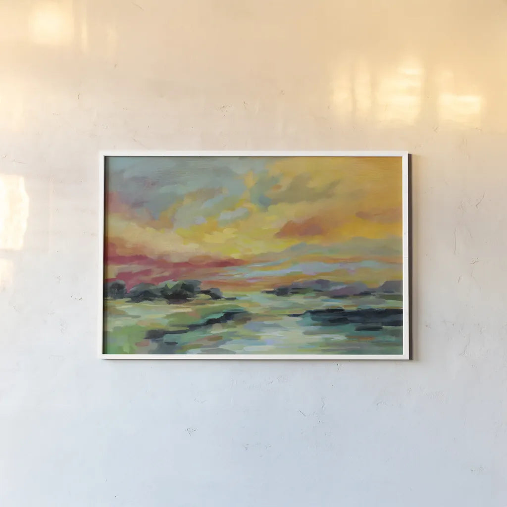 July Sunset by Silvia Vassileva. shown as a paper print in a white frame. Available as a archival giclee rolled canvas, fine art paper, or poster print. SKU 56258i.