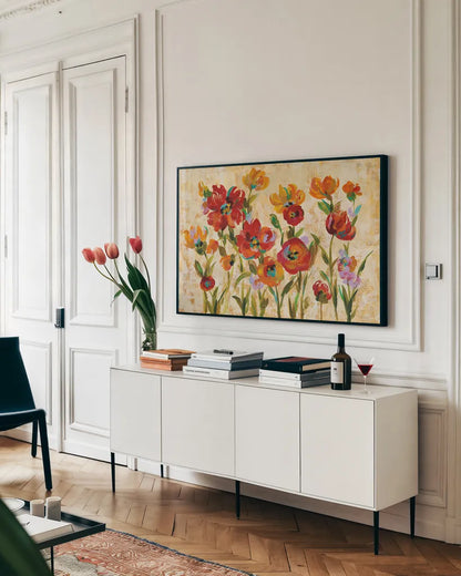 July in the Garden I by Silvia Vassileva. shown as a framed stretched canvas in a living room above a console. Available as a archival giclee rolled canvas, fine art paper, or poster print. SKU 28076i.