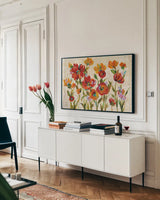 July in the Garden I Cream by Silvia Vassileva. shown as a framed stretched canvas in a living room above a console. Available as a archival giclee rolled canvas, fine art paper, or poster print. SKU 28610i.