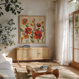 July in the Garden II by Silvia Vassileva. Shown in a natural wood frame in a cozy modern living room. Available as an archival giclee rolled canvas, fine art paper, or poster print. SKU 28077a.