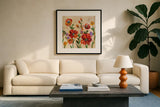 July in the Garden II by Silvia Vassileva. Displayed in a glass frame with matte in a clean modern living room. Available as an archival giclee rolled canvas, fine art paper, or poster print. SKU 28077a.