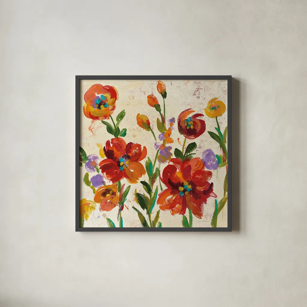 July in the Garden II Cream Crop by Silvia Vassileva. Shown in a sleek black glass frame for a contemporary gallery look. Available as an archival giclee rolled canvas, fine art paper, or poster print. SKU 28611a.