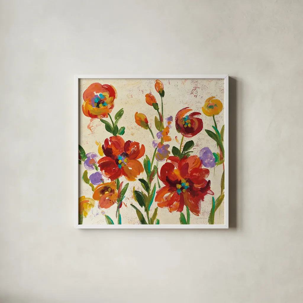July in the Garden II Cream Crop by Silvia Vassileva. Shown in a crisp white glass frame for a clean and minimalist style. Available as an archival giclee rolled canvas, fine art paper, or poster print. SKU 28611a.