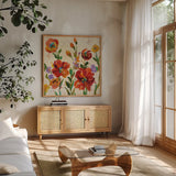 July in the Garden II Cream Crop by Silvia Vassileva. Shown in a natural wood frame in a cozy modern living room. Available as an archival giclee rolled canvas, fine art paper, or poster print. SKU 28611a.