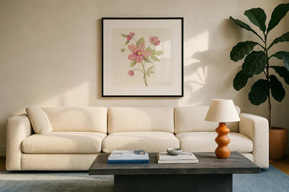 June Bloom III by Silvia Vassileva. Displayed in a glass frame with matte in a clean modern living room. Available as an archival giclee rolled canvas, fine art paper, or poster print. SKU 45939a.