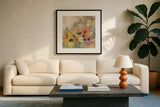 June Flower Bed by Silvia Vassileva. Displayed in a glass frame with matte in a clean modern living room. Available as an archival giclee rolled canvas, fine art paper, or poster print. SKU 55657a.