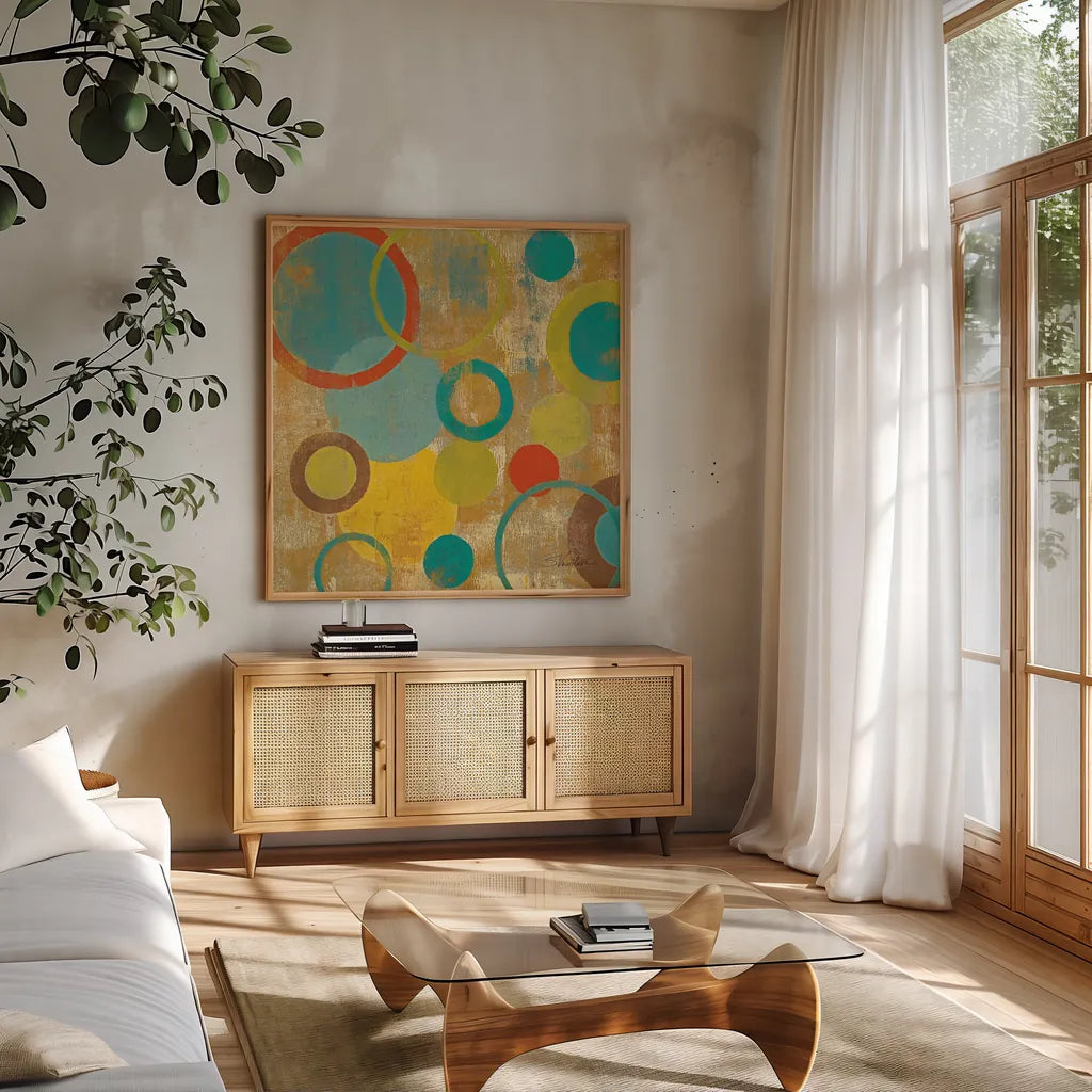 Kaleidoscope II by Silvia Vassileva. Shown in a natural wood frame in a cozy modern living room. Available as an archival giclee rolled canvas, fine art paper, or poster print. SKU 10212a.