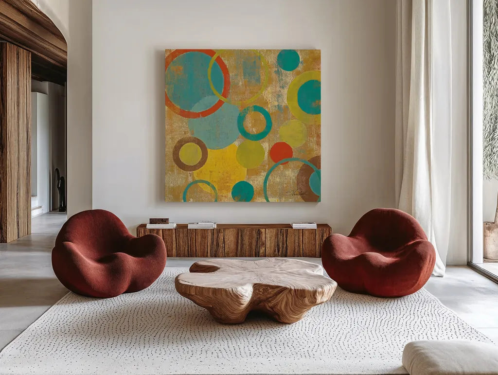 Kaleidoscope II by Silvia Vassileva. Shown as extra-large giant wall art in a modern living room. Available as an archival giclee rolled canvas, fine art paper, or poster print. SKU 10212a.
