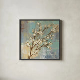 Kyoto Blossoms I by Silvia Vassileva. Shown in a sleek black glass frame for a contemporary gallery look. Available as an archival giclee rolled canvas, fine art paper, or poster print. SKU 1041a.