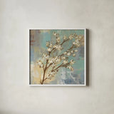 Kyoto Blossoms I by Silvia Vassileva. Shown in a crisp white glass frame for a clean and minimalist style. Available as an archival giclee rolled canvas, fine art paper, or poster print. SKU 1041a.