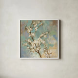Kyoto Blossoms II by Silvia Vassileva. Shown in a crisp white glass frame for a clean and minimalist style. Available as an archival giclee rolled canvas, fine art paper, or poster print. SKU 1042a.
