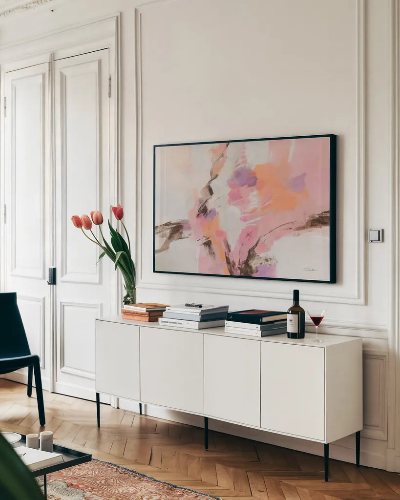 Kyoto Spring by Silvia Vassileva. shown as a framed stretched canvas in a living room above a console. Available as a archival giclee rolled canvas, fine art paper, or poster print. SKU 88441i.