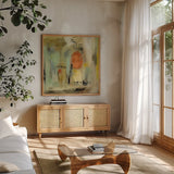 Kyoto Street by Silvia Vassileva. Shown in a natural wood frame in a cozy modern living room. Available as an archival giclee rolled canvas, fine art paper, or poster print. SKU 48497a.