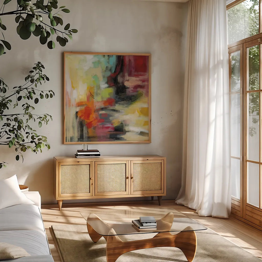 Kyoto Summer by Silvia Vassileva. Shown in a natural wood frame in a cozy modern living room. Available as an archival giclee rolled canvas, fine art paper, or poster print. SKU 49258a.