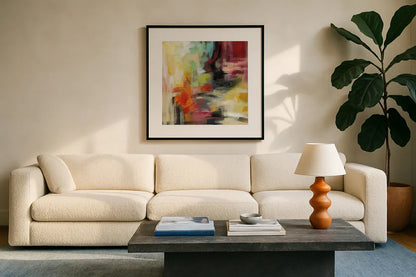 Kyoto Summer by Silvia Vassileva. Displayed in a glass frame with matte in a clean modern living room. Available as an archival giclee rolled canvas, fine art paper, or poster print. SKU 49258a.