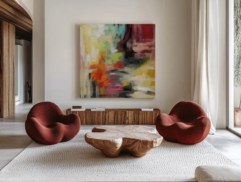 Kyoto Summer by Silvia Vassileva. Shown as extra-large giant wall art in a modern living room. Available as an archival giclee rolled canvas, fine art paper, or poster print. SKU 49258a.