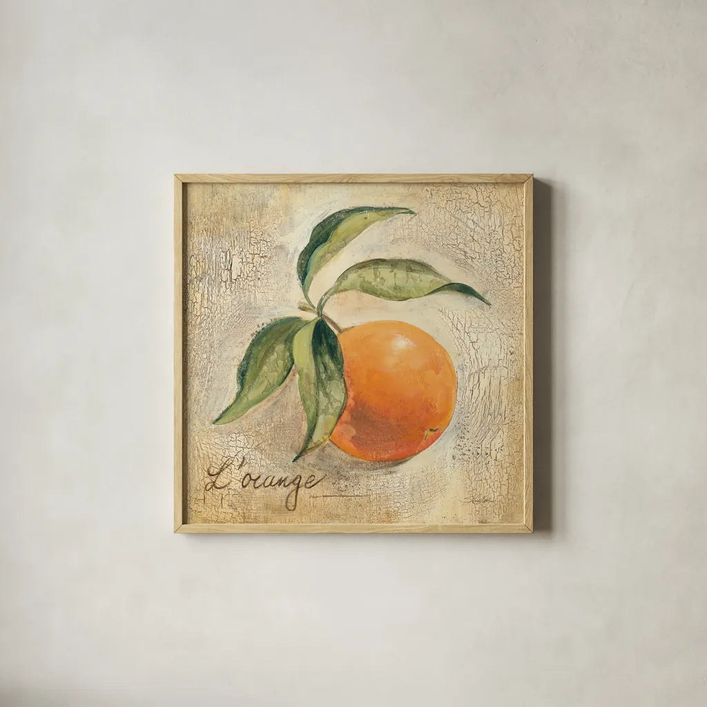 L Orange by Silvia Vassileva. Shown in a natural wood glass frame for a timeless modern aesthetic. Available as an archival giclee rolled canvas, fine art paper, or poster print. SKU 9867a.