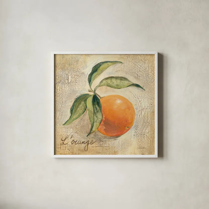 L Orange by Silvia Vassileva. Shown in a crisp white glass frame for a clean and minimalist style. Available as an archival giclee rolled canvas, fine art paper, or poster print. SKU 9867a.