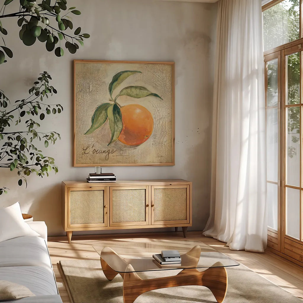 L Orange by Silvia Vassileva. Shown in a natural wood frame in a cozy modern living room. Available as an archival giclee rolled canvas, fine art paper, or poster print. SKU 9867a.