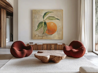 L Orange by Silvia Vassileva. Shown as extra-large giant wall art in a modern living room. Available as an archival giclee rolled canvas, fine art paper, or poster print. SKU 9867a.