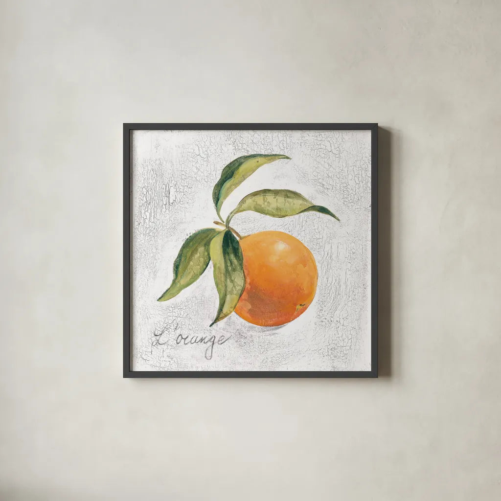 L Orange on White by Silvia Vassileva. Shown in a sleek black glass frame for a contemporary gallery look. Available as an archival giclee rolled canvas, fine art paper, or poster print. SKU 51427a.