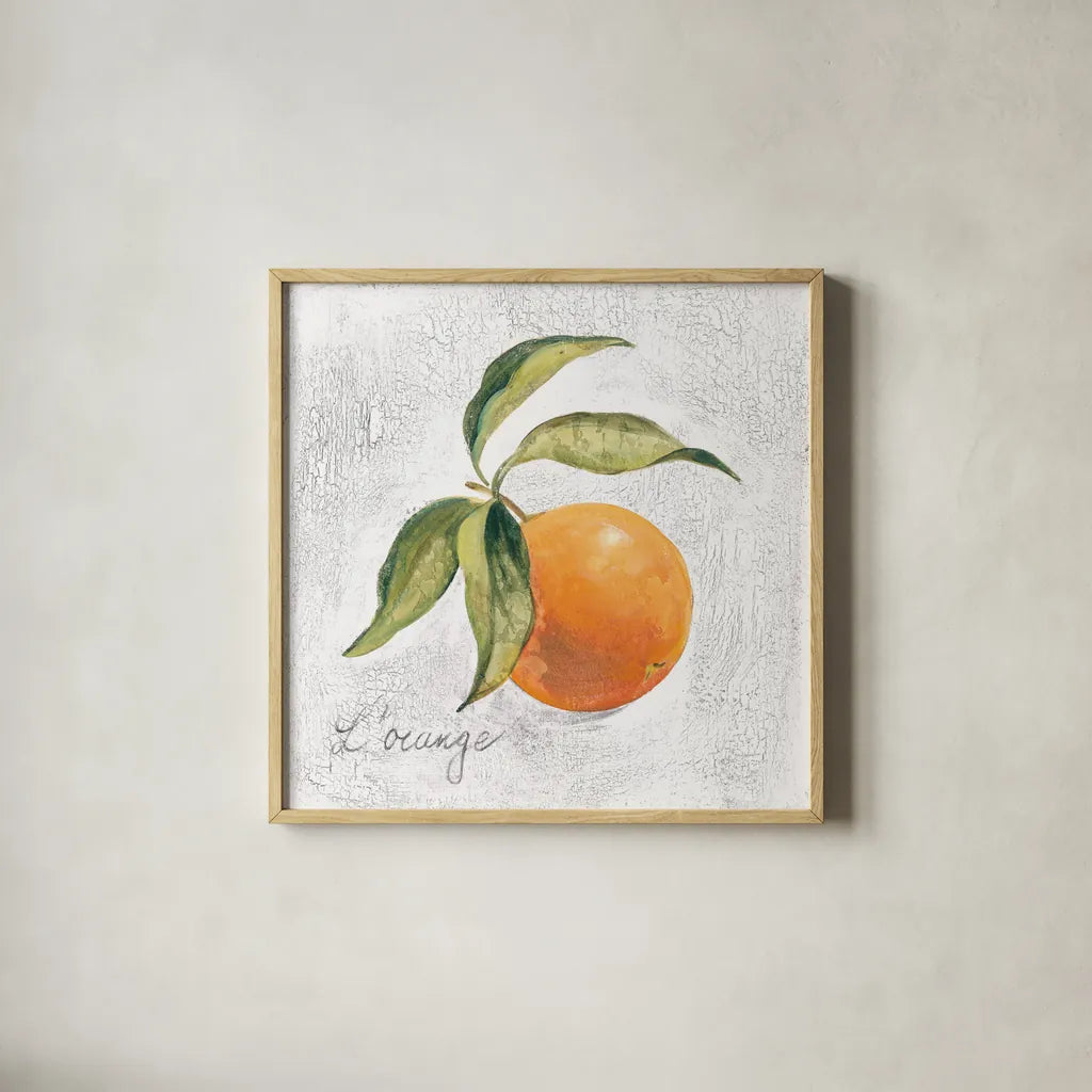 L Orange on White by Silvia Vassileva. Shown in a natural wood glass frame for a timeless modern aesthetic. Available as an archival giclee rolled canvas, fine art paper, or poster print. SKU 51427a.