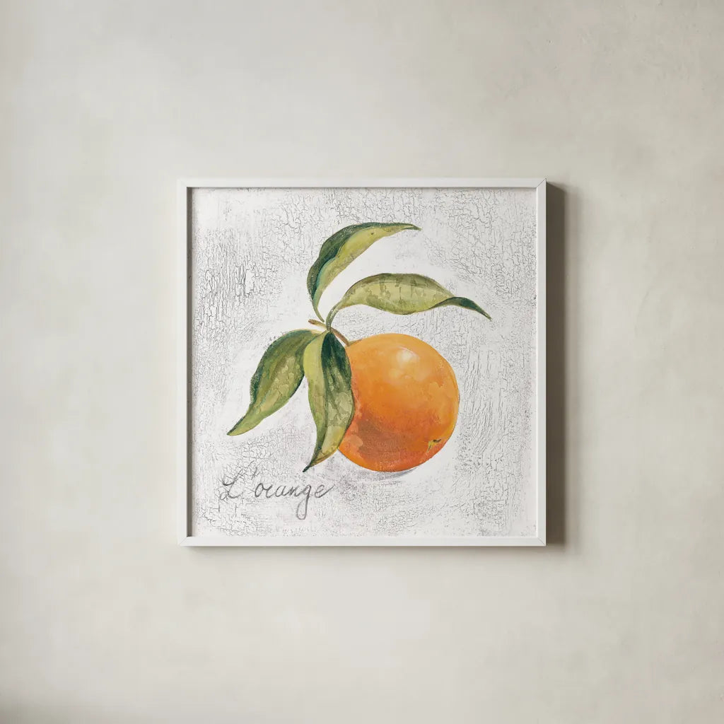 L Orange on White by Silvia Vassileva. Shown in a crisp white glass frame for a clean and minimalist style. Available as an archival giclee rolled canvas, fine art paper, or poster print. SKU 51427a.