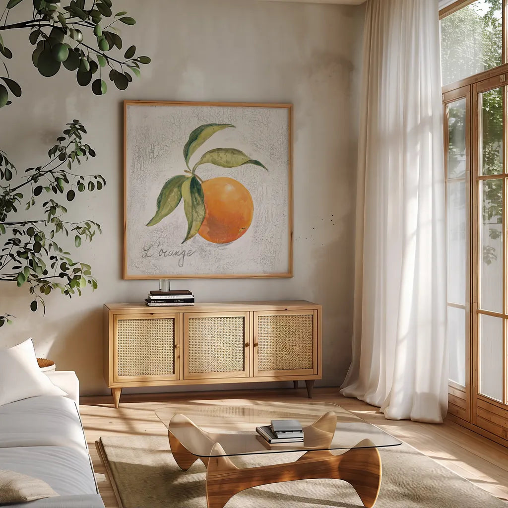L Orange on White by Silvia Vassileva. Shown in a natural wood frame in a cozy modern living room. Available as an archival giclee rolled canvas, fine art paper, or poster print. SKU 51427a.