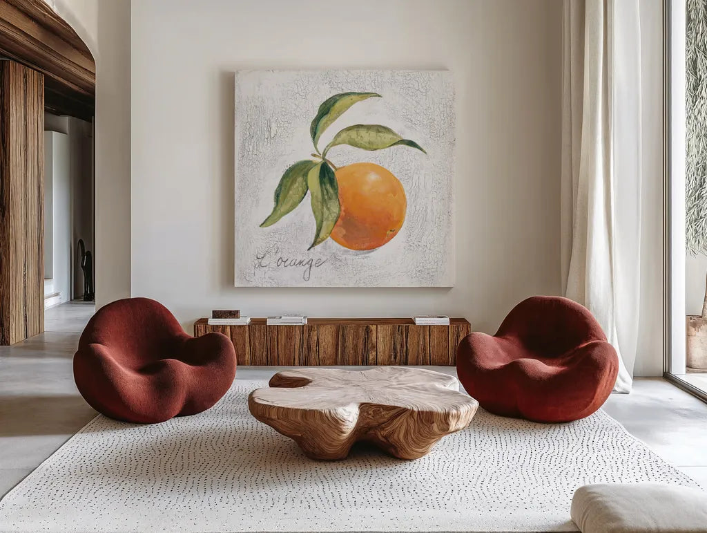 L Orange on White by Silvia Vassileva. Shown as extra-large giant wall art in a modern living room. Available as an archival giclee rolled canvas, fine art paper, or poster print. SKU 51427a.