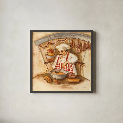 La Bonne Cuisine by Silvia Vassileva. Shown in a sleek black glass frame for a contemporary gallery look. Available as an archival giclee rolled canvas, fine art paper, or poster print. SKU 19175a.