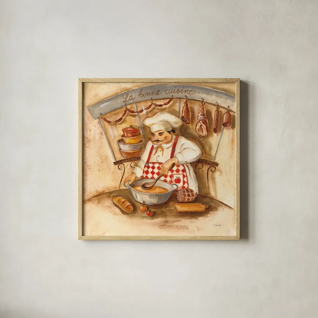 La Bonne Cuisine by Silvia Vassileva. Shown in a natural wood glass frame for a timeless modern aesthetic. Available as an archival giclee rolled canvas, fine art paper, or poster print. SKU 19175a.