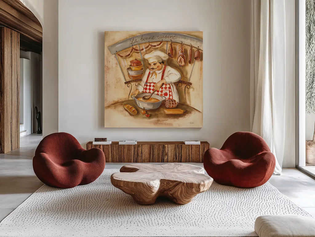 La Bonne Cuisine by Silvia Vassileva. Shown as extra-large giant wall art in a modern living room. Available as an archival giclee rolled canvas, fine art paper, or poster print. SKU 19175a.