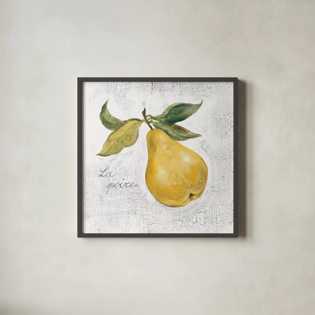 La Poire on White by Silvia Vassileva. Shown in a sleek black glass frame for a contemporary gallery look. Available as an archival giclee rolled canvas, fine art paper, or poster print. SKU 51429a.