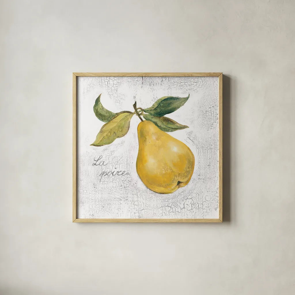 La Poire on White by Silvia Vassileva. Shown in a natural wood glass frame for a timeless modern aesthetic. Available as an archival giclee rolled canvas, fine art paper, or poster print. SKU 51429a.