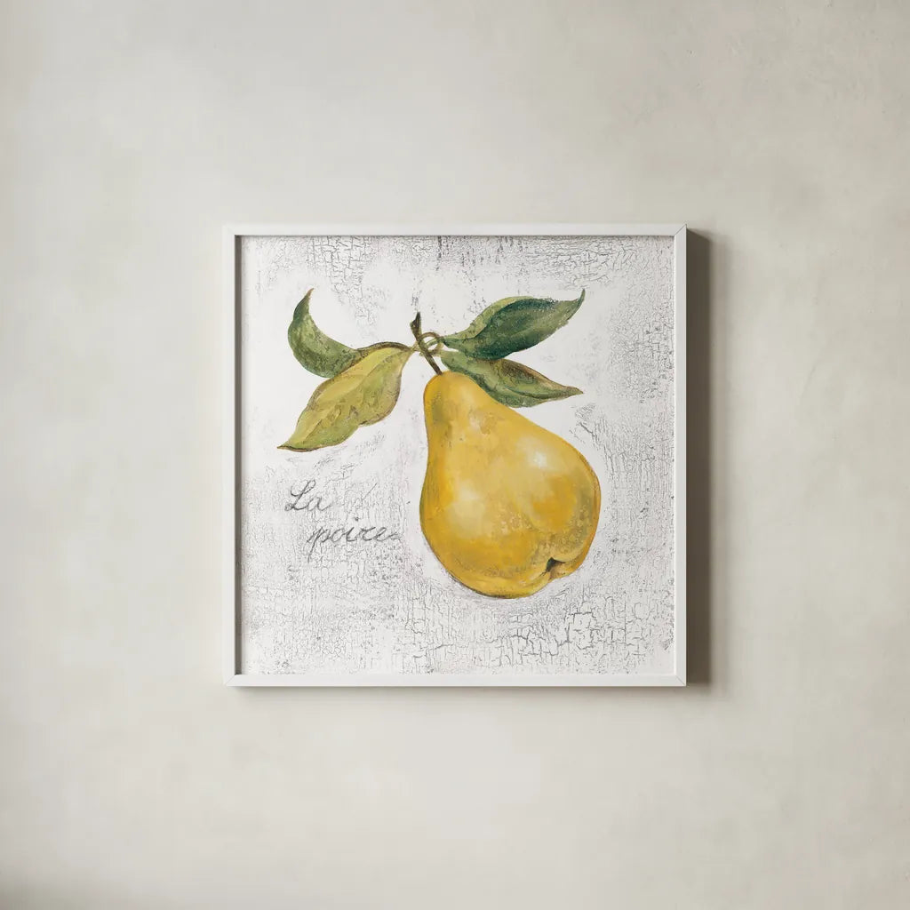 La Poire on White by Silvia Vassileva. Shown in a crisp white glass frame for a clean and minimalist style. Available as an archival giclee rolled canvas, fine art paper, or poster print. SKU 51429a.