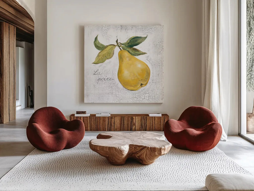 La Poire on White by Silvia Vassileva. Shown as extra-large giant wall art in a modern living room. Available as an archival giclee rolled canvas, fine art paper, or poster print. SKU 51429a.