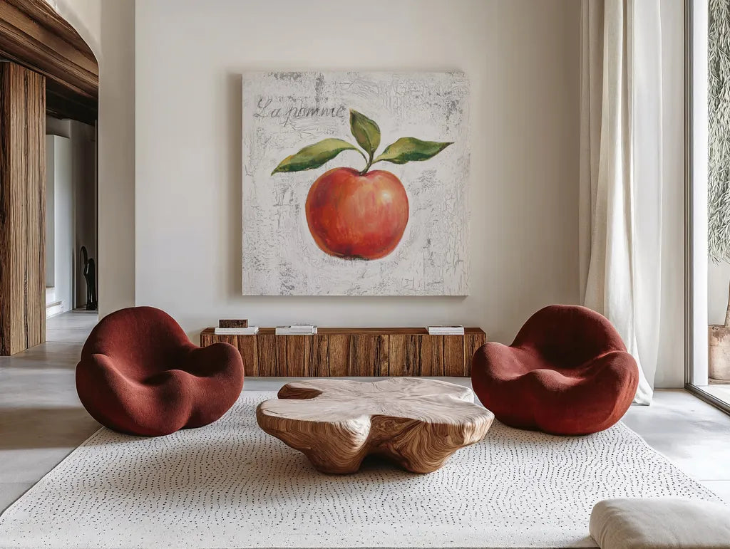 La Pomme on White by Silvia Vassileva. Shown as extra-large giant wall art in a modern living room. Available as an archival giclee rolled canvas, fine art paper, or poster print. SKU 51428a.