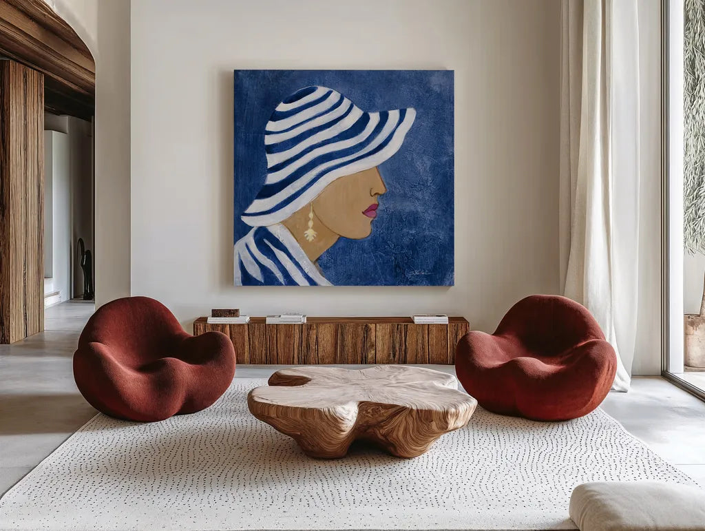 Lady with Hat I by Silvia Vassileva. Shown as extra-large giant wall art in a modern living room. Available as an archival giclee rolled canvas, fine art paper, or poster print. SKU 67915a.