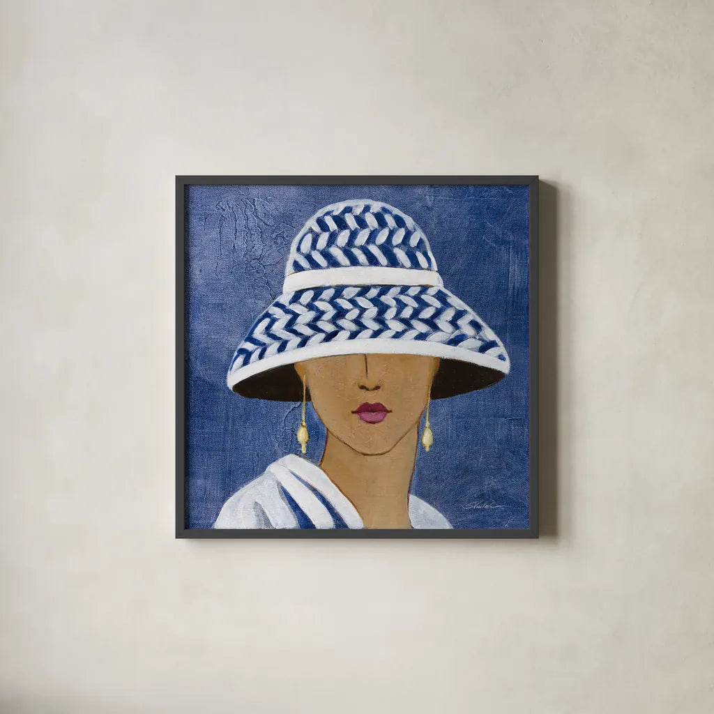 Lady with Hat II by Silvia Vassileva. Shown in a sleek black glass frame for a contemporary gallery look. Available as an archival giclee rolled canvas, fine art paper, or poster print. SKU 67916a.