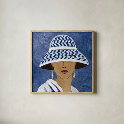 Lady with Hat II by Silvia Vassileva. Shown in a natural wood glass frame for a timeless modern aesthetic. Available as an archival giclee rolled canvas, fine art paper, or poster print. SKU 67916a.