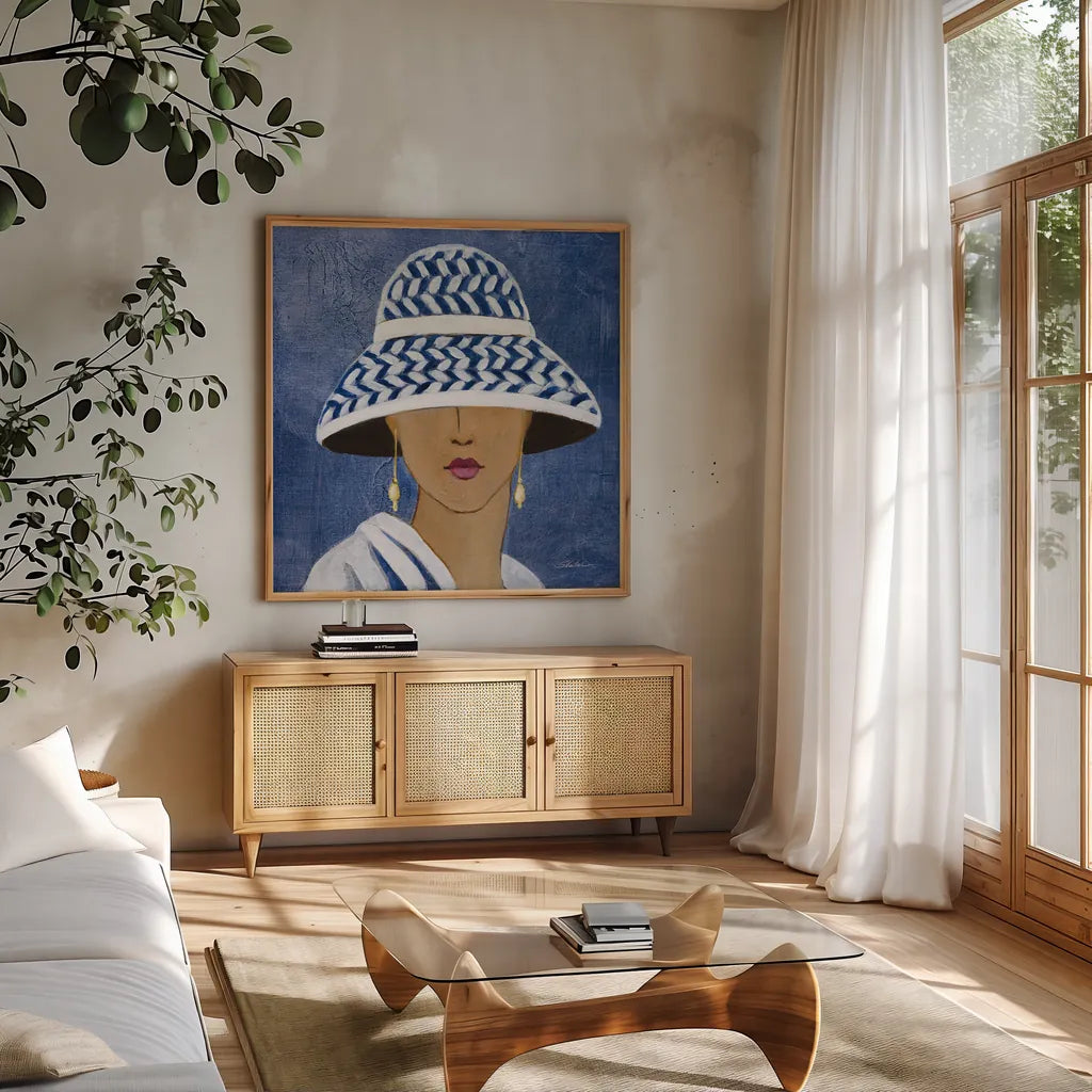 Lady with Hat II by Silvia Vassileva. Shown in a natural wood frame in a cozy modern living room. Available as an archival giclee rolled canvas, fine art paper, or poster print. SKU 67916a.
