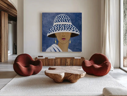Lady with Hat II by Silvia Vassileva. Shown as extra-large giant wall art in a modern living room. Available as an archival giclee rolled canvas, fine art paper, or poster print. SKU 67916a.