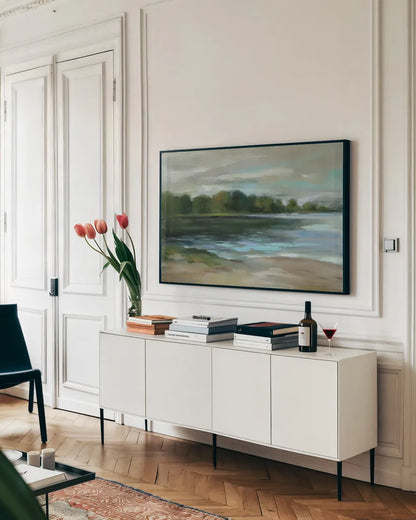 Lake Afternoon Stillness by Silvia Vassileva. shown as a framed stretched canvas in a living room above a console. Available as a archival giclee rolled canvas, fine art paper, or poster print. SKU 35311i.