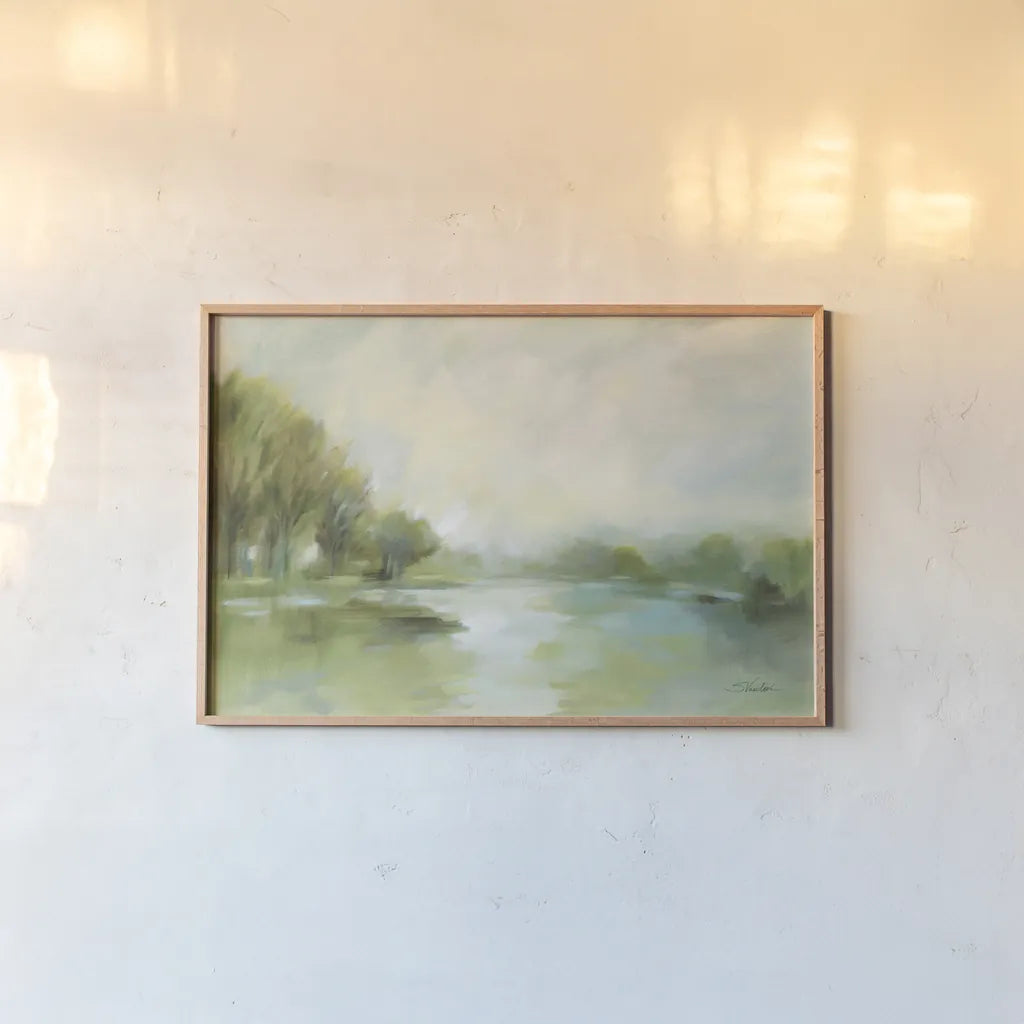 Lakeside Fog Sage by Silvia Vassileva. shown as a paper print in a natural frame. Available as a archival giclee rolled canvas, fine art paper, or poster print. SKU 70714i.