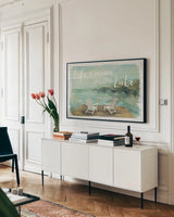 Lakeside Retreat I by Silvia Vassileva. shown as a framed stretched canvas in a living room above a console. Available as a archival giclee rolled canvas, fine art paper, or poster print. SKU 58907i.