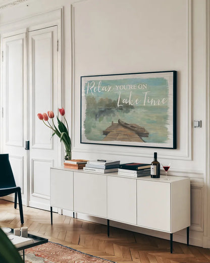 Lakeside Retreat II by Silvia Vassileva. shown as a framed stretched canvas in a living room above a console. Available as a archival giclee rolled canvas, fine art paper, or poster print. SKU 58908i.